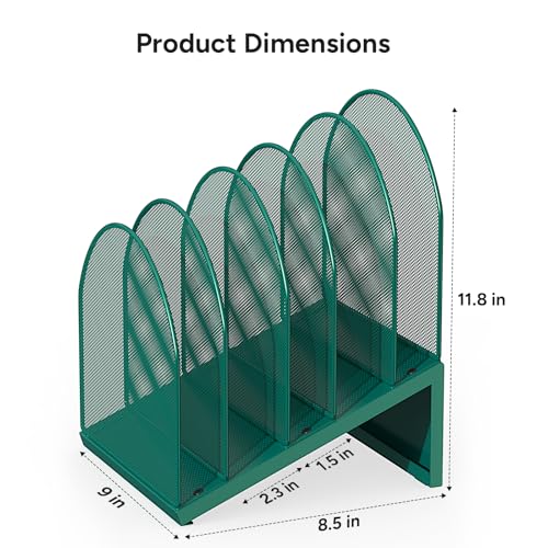 5-Section Desk File Organizer, Metal Mesh Folder Organizer for Documents, Mail & Office Papers (Green) - color: Green