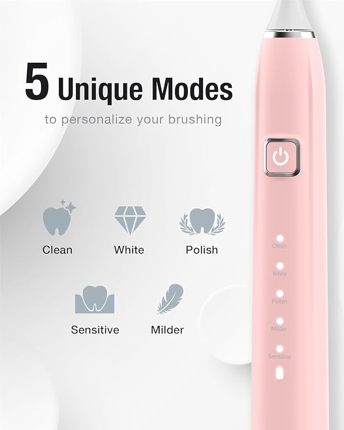 7AM2M Ultrasonic Electric Toothbrush with 6 Brush Heads for Adults&Kids, One Charge for 120 Days, USB-C Charge, 5 Modes, 40000VPM Powered Toothbrush, 2 Minutes Built in Smart Timer (Pink)