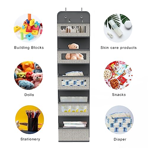 Over The Door Hanging Organizer with 5 Big Pockets, Wall Mount Fabric Back of Door Storage Organizer with Clear Window & Metal Hooks for Pantry Closet Diaper Dorm Nursery Bedroom