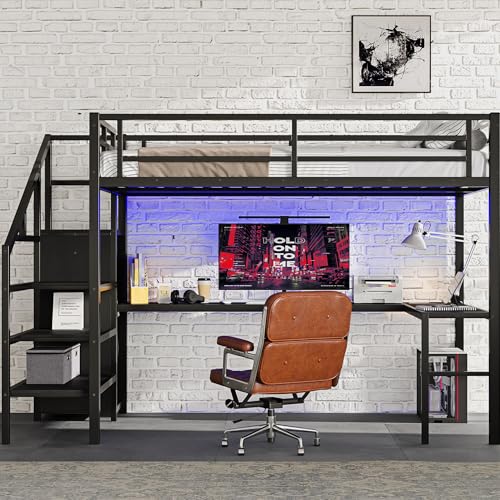 Bellemave Queen Loft Bed with Desk & Wardrobe, Heavy Duty Metal Loft Beds Frame with Storage Stairs, LED Loft Bed Queen Size with Charging Station & Safety Guardrails, No Box Spring Needed, Black - color: Black, size: Queen