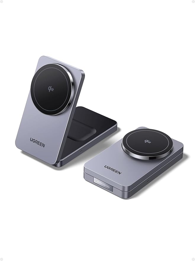 UGREEN Qi2 15W MagFlow Wireless Charger, 2-in-1 MagSafe Fast Charging Station, Foldable Charger Stand for iPhone 17/16/15/14/13/12 Series, AirPods 4/3/2/Pro, with a 3.3FT USB C Charging Cable Grey