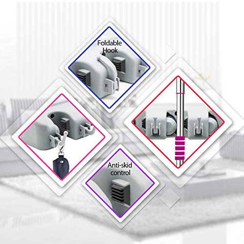 LETMY Broom Holder Wall Mounted - Mop and Broom Hanger Holder - Garage Storage Rack & Garden Tool Organizer - 5 Position 6 Hooks for Home, kitchen, Garden, Tools, Garage - color: Gray