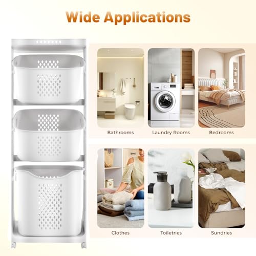 TFCFL 3-Tier Laundry Hamper Sorter Laundry Basket with Wheels, Rolling Laundry Hamper Cart with Wheels, Removable Rolling Laundry Baskets, Bathroom Cart for Dirty Clothes