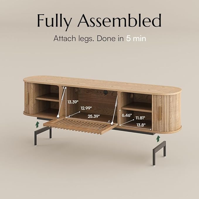 POVISON Fully-Assembled Mid Century Modern TV Stand for 70 inch TV, Sliding Door Entertainment Center with Storage, Wood TV Console, Media Console for Living Room Bedroom(Oak, 70.87")