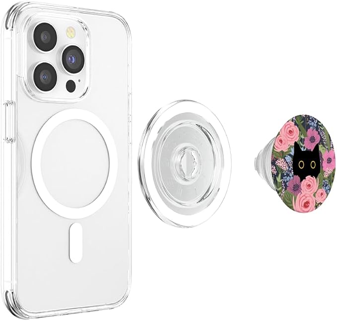 Black Cat Hiding in Garden Flowers Cute Floral Pattern PopSockets Adhesive PopGrip