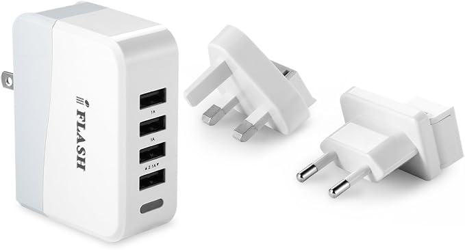 iFlash® 20W / 4A Quad-Port USB Wall Charger/Portable Travel Charger - Simultaneous Full-Speed Charging (International Version White Color)