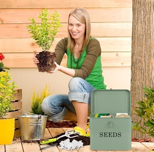 Seed Storage Organizer, T-Shape Compartment Seed Box with Safety Lock, Metal Seed Saving Box, Portable Seed Bin Container with Handle, Including 2 Pens 20 Plant Labels 50 Seed Envelopes-Green - color: Tall-Green