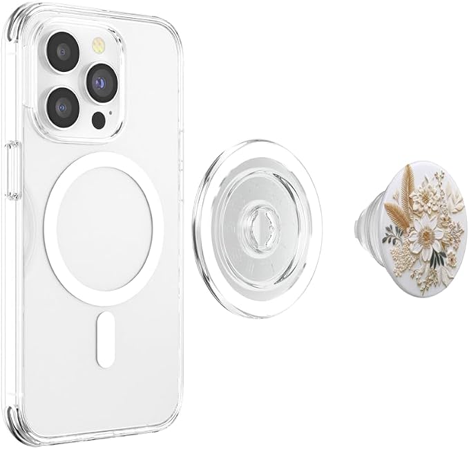 Beige Floral Flower Pattern On White Background PopSockets PopGrip for MagSafe