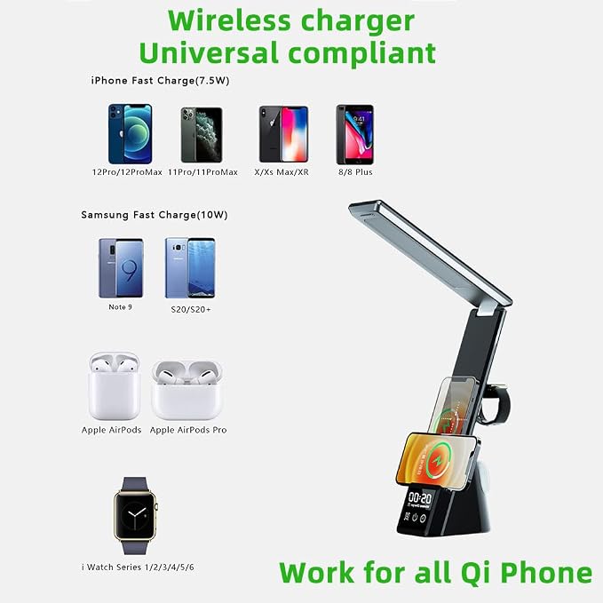 IHAO 3in1 Multifunctional Foldable Wireless Charging Station with LED Ambient Night Light Fast QC3.0 Charger for Phone iWatch Headphone Space-Saving Auto-Shutoff &amp Overcharge Protection-Black