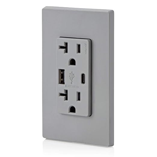 Leviton Type A &amp Type-C USB In-Wall Charger with 20A Tamper-Resistant Outlet USB Charger for Smartphones and Tablets. Not for Laptops T5833-E Black