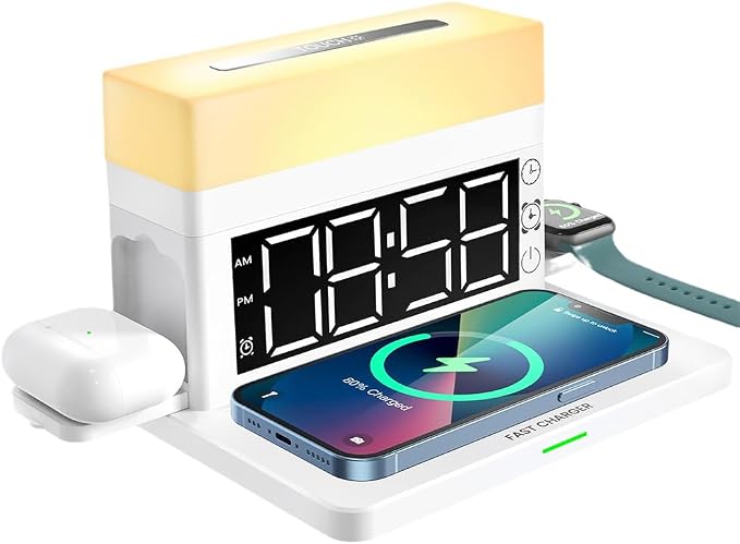 IHAO 3in1 Multifunctional Foldable Wireless Charging Station with LED Ambient Night Light Fast QC3.0 Charger for Phone iWatch Headphone Space-Saving Auto-Shutoff &amp Overcharge Protection-Black