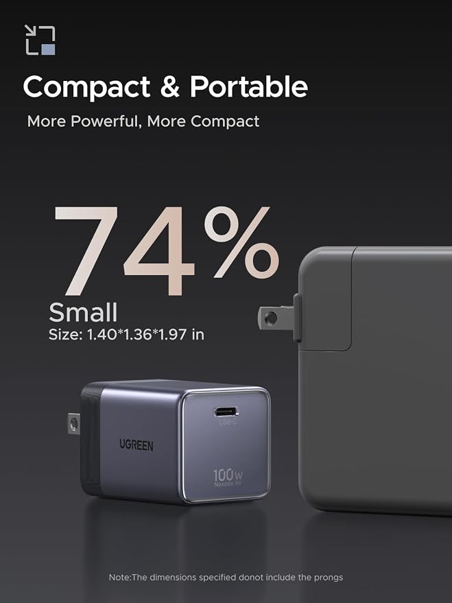 UGREEN Nexode Air 100W Wall Charger Block with USB C Cable Compact Foldable GaN Fast Charging PD Type-C Charger Compatible with MacBook iPhone 17 Pro Max Galaxy Grey