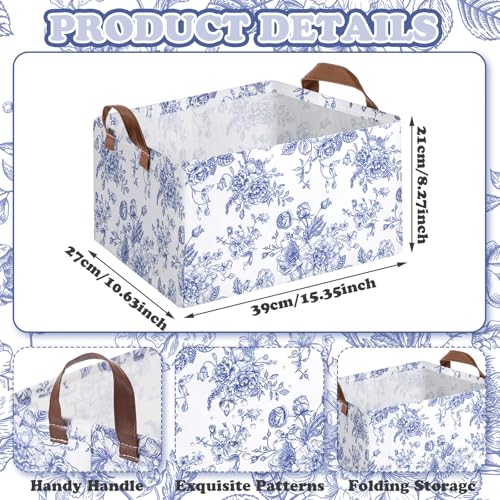 Boao 3 Pcs Blue Floral Storage Bin Wildflowers Collapsible Large Storage Baskets for Gifts Canvas Laundry Basket Foldable Box with Handle for Office Home Bedroom Clothes - style: Blue Flowers
