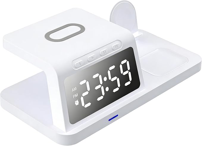 Dpofirs 3 in 1 Wireless Charging Station 15W Fast Desk Charger Stand with Clock for 15 14 13 Smartphone Watch Earbuds Multifunctional Wireless Charger (HT-506 White)