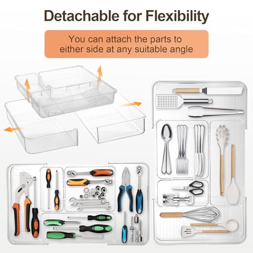 Expandable Drawer Organizer-Adjustable Shallow Tray, 11" to 19" Width,1.97" Height, Clear Plastic Storage for Bedroom, Living Room, Kitchen/Bathroom/Office/Cosmetic/Tools/Cutlery/Stationery