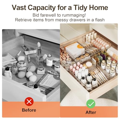 Expandable Drawer Organizer-Adjustable Shallow Tray, 11" to 19" Width,1.97" Height, Clear Plastic Storage for Bedroom, Living Room, Kitchen/Bathroom/Office/Cosmetic/Tools/Cutlery/Stationery