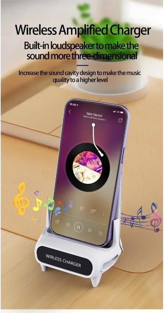Desktop Wireless Charger with Speaker Phone Holder Stand for iPhone 17 16 15 14 13 12 Pro Max Samsung S25 S24 Xiaomi Smart Charging Station (White)