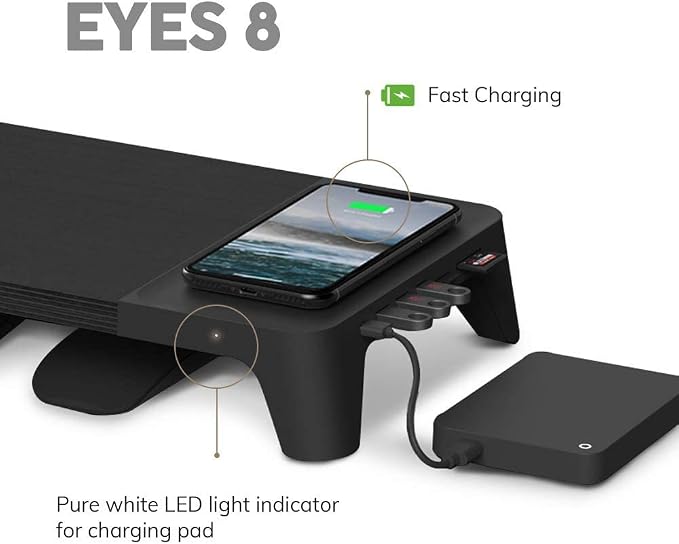 POUT E8 Wood Desk Monitor Computer Stand Riser Shelf + USB HUB + Qi Fast Wireless Charging Charger Pad Mat for Laptop Apple iMac PC iPhone Samsung Galaxy Airpod 2 Buds (Black)