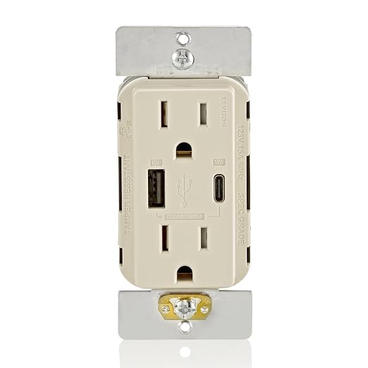 Leviton 30W (6A) USB Dual Type-C/C Power Delivery In-Wall Charger with 15A Tamper-Resistant Outlet USB Charger for Smartphones Tablets Laptops T5635-E Black