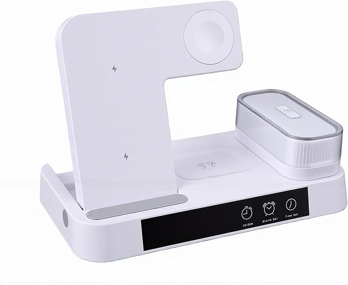 EBTOOLS 4 in 1 Magnetic Charging Station Wireless Charger Stand with LED Display Digital Clock Alarm RGB Night Light for Smartphones Watch Earbuds (Black)