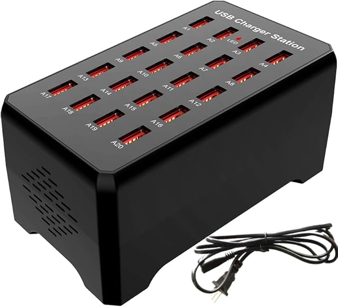 20-Port Black USB Charging Station100W/20A Multi-Port USB Hub Suitable for Smartphones Tablets and Other USB Devices.