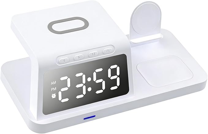 Dpofirs 3 in 1 Wireless Charging Station 15W Fast Desk Charger Stand with Clock for 15 14 13 Smartphone Watch Earbuds Multifunctional Wireless Charger (HT-506 White)