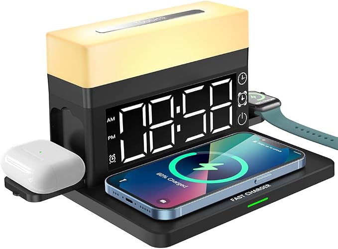 IHAO 3in1 Multifunctional Foldable Wireless Charging Station with LED Ambient Night Light Fast QC3.0 Charger for Phone iWatch Headphone Space-Saving Auto-Shutoff &amp Overcharge Protection-Black