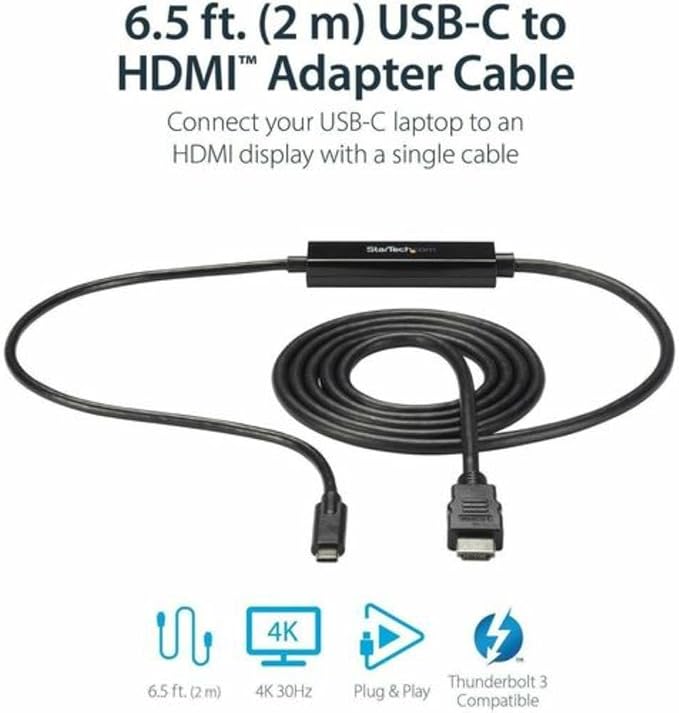 StarTech 6ft USB-C to HDMI Adapter Cable 4K 30Hz Reversible Black 1080p | Video Display Converter Monitor Cord DP Alt Mode USB 3.2 Thunderbolt Compatible Integrated