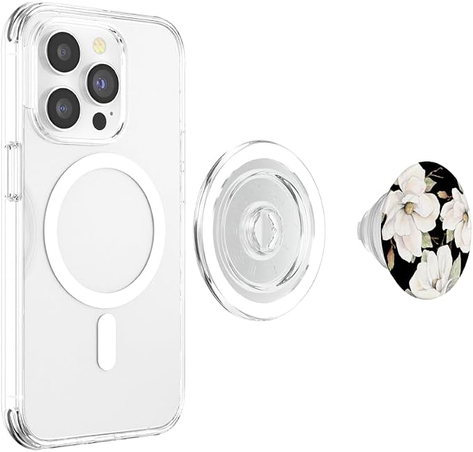 White Magnolias Floral Pattern on a Black Background PopSockets Adhesive PopGrip