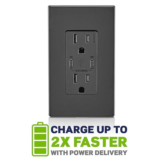 Leviton 30W (6A) USB Dual Type-C/C Power Delivery In-Wall Charger with 15A Tamper-Resistant Outlet USB Charger for Smartphones Tablets Laptops T5635-E Black