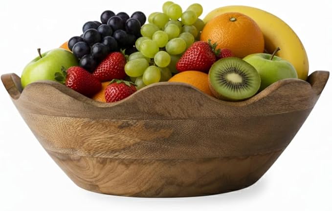 Mela Artisans Scalloped Decorative Wooden Bowl | 12 Inch Mango Wood Fruit & Serving Bowl | Natural Grain Finish | For Kitchen Counter | Snacks | Desserts | Bread | Handcrafted Home Decor