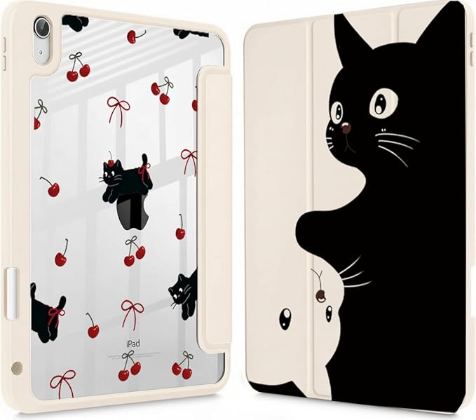for iPad A16 11 Inch 2025 /for iPad 10th Generation 10.9 Inch 2022 Cute iPad Black Case with Pencil Holder-[Auto Wake/Sleep] Trifold Stand Soft TPU Protective Cover Pink Bows