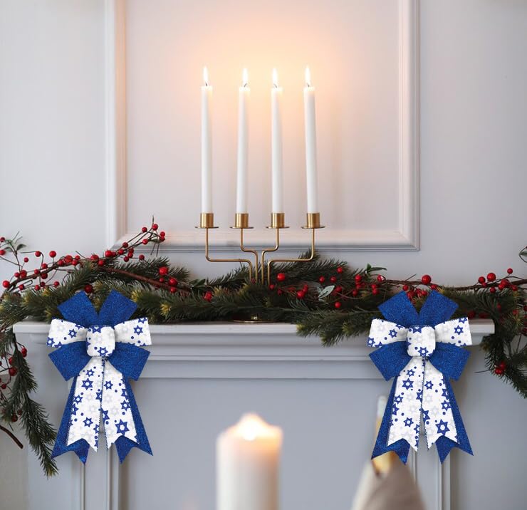 2 PCS Hanukkah Wreath Bows Chanukah Star of David Royal Blue White Ribbon Bows for Wreath, Medium Tree Topper Bows for Jewish New Year Party Home Indoor Outdoor Decoration Wreath Ornament Supplies