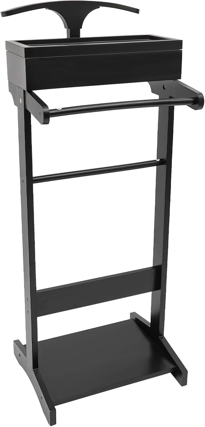 Valet Stand for Man and Women, Wood Suit Rack Suit Valet Stand with Top Tray, Storage Drawer, Bottom Shoe Rack, Freestanding Clothes Rack for Living Room, Entryway, Bedroom, Office, Black (Black)