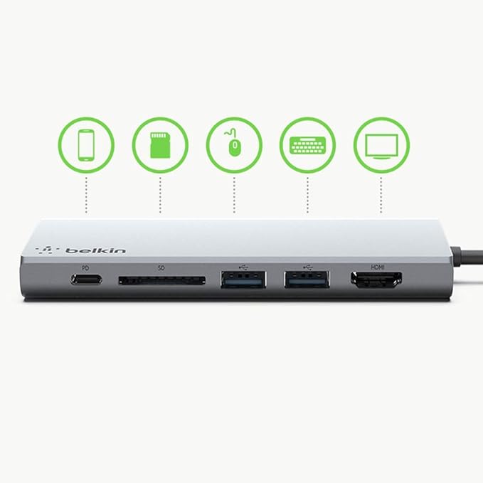 Belkin USB-C Hub, 6-in-1 Multi-Port Docking Station for iPad, iPad Pro, iPad mini, MacBook, & More - 60W Power Delivery 3.0, 4K HDMI USB-A Ethernet & SD Card Ports
