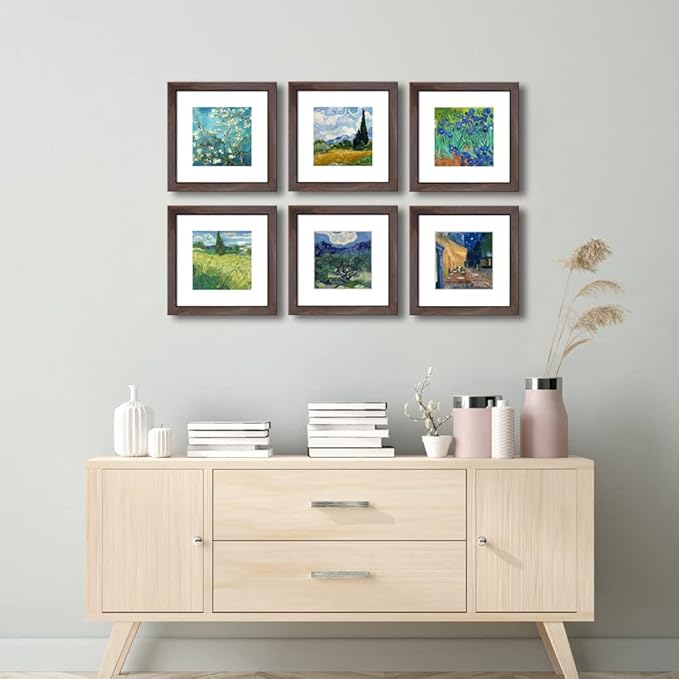 8x8 Walnut Picture Frame Set of 6 with Real Glass for Pictures 5x5 with Mat or 8x8 Without Mat, Wall or Tabletop Gallery Photo Frames