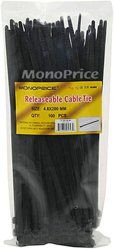 Monoprice 105797 8-Inch 50LBS Releasable Cable tie, 100-Piece/Pack, Black