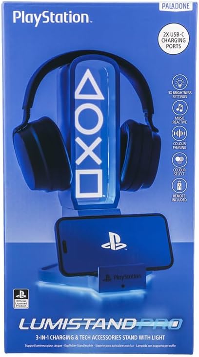 Paladone PlayStation 3-in-1 Headphone Stand and Tech Charging Station with Console Controller Cradle and 2 USB-C Ports RGB Colour Changing Light Panel Officially Licensed Gift for Gamers