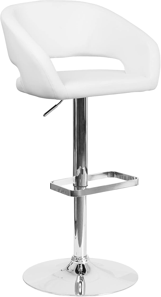 Flash Furniture Erik Contemporary Adjustable Height Barstool with Footrest and Rounded Mid-Back, Upholstered Bar or Counter Height Stool, White/Chrome