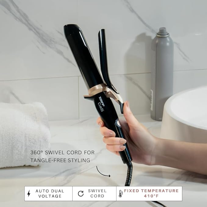 TAIFF Curves Professional Black Titanium Curling Iron – High-Performance Hair Curler & Rizadora para Cabello with Dual Voltage | Fixed Temperature 410°F | 1 1/2”