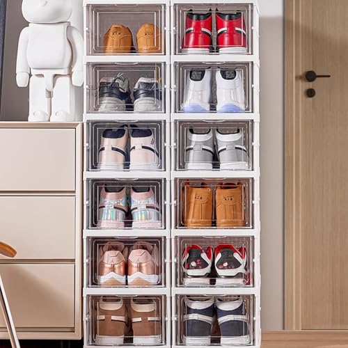 Foldable Shoe Rack,No Assembly Stackable Shoe Storage Box with Doors,Free Standing Plastic Space Saving Shoe Cabinet Bins Dustproof,Folding Shoe Box Organizers (6 Tier-6 Pairs White) - size: 6 Tier-6 Pairs White