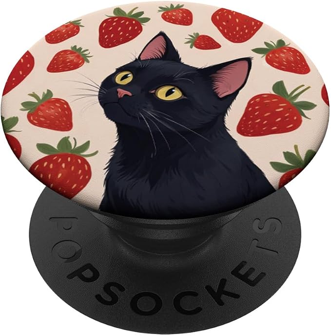 Beige Red Strawberry Black Cat Illustration Print PopSockets PopGrip for MagSafe