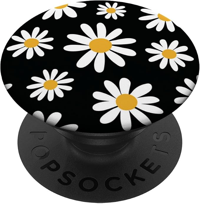 Daisies Floral Retro Pattern Large Scale Daisy on Black PopSockets Adhesive PopGrip