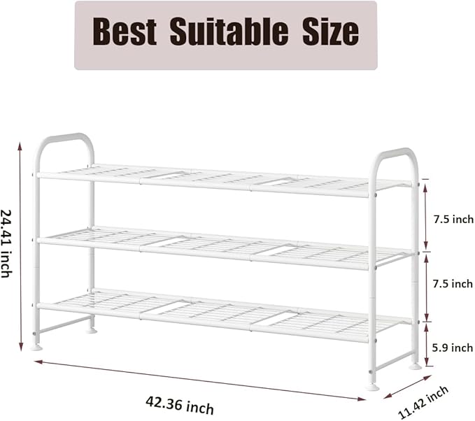 LINZINAR Shoe Rack Long 3 Tier Shoe Storage Organizer Metal Wide Shoe Shelf for Closet Entryway Bedroom 24 Paris Large Capacity, Black (White, 3-Tier)