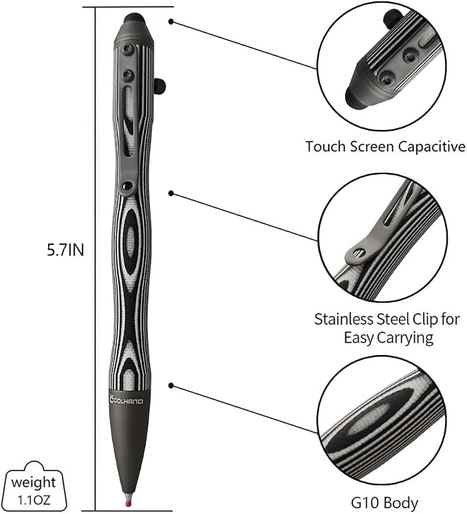 5.7'' G10 EDC Bolt Action Pen Touch Screen Stylus Model 5375-N | Refillable ballpoint ink G10 body with pocket clip ergonomic grip comes with a free refill
