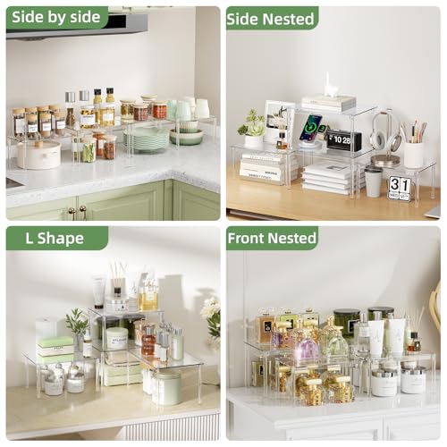 Delamu Clear Kitchen Cabinet Organizer, Set of 4 Acrylic Shelf Organizer for Cupboard Organizers and Storage, Stackable Cabinet Shelf for Plate, Dish, Bowl, Cup & Mug, 11.7" W x 7.7" D x 6.3" H - size: Set of 4