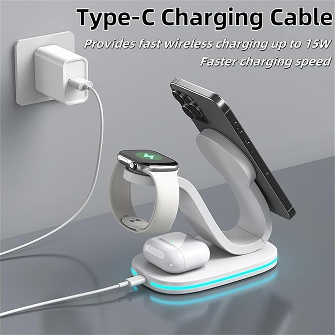 3 in 1 Wireless Charging Station for Apple/Huawei/Samsung Devices 15W Fast Wireless Charger with Blue RGB Light for iPhone 16/15/14/13/12 Apple Watch &amp Airpods Etc.Black