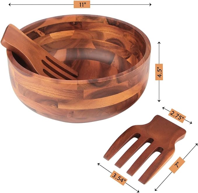 AIDEA Acacia Wood Salad Bowl Set with 2 Wooden Hands, Large Salad Bowl with Serving Utensils, Big Mixing Bowl for Fruits, Salad, Cereal, Corn flake,Pasta 11" Diameter x 4.5" Height