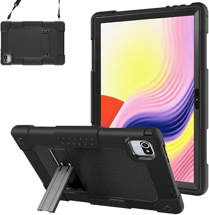 Compatible with aiprotablet C20e / MB1001 10 Inch/ZZB 10 Inch Tablet Case Kids Friendly Shockproof Shoulder Strap Shell for CZZ/Okaysea 10.1/HAPPYBE/ANYLAKE/Velorim Tablet (Black/Black)