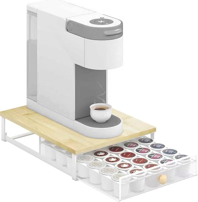 Sedegn Coffee Pod Holder Counter Coffee Vertuo Capsules Storage Organizer with Sliding Drawer Compatible For 35 K-Cup Pods No Assembly Needed Natural Colour